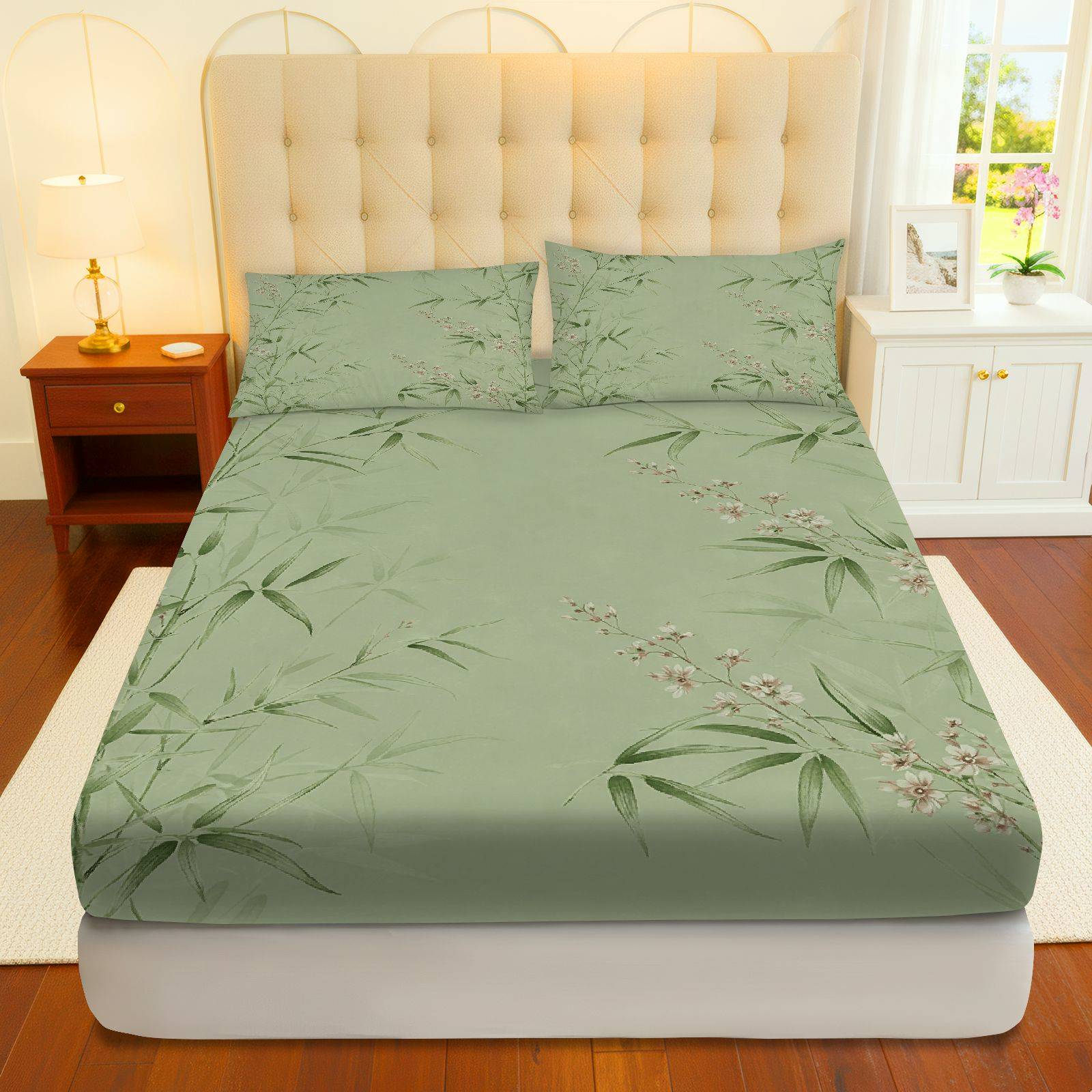 TEMU 3pcs Bamboo Fitted Sheet 3 Piece Set (1*fitted Sheet 2*pillowcases, ), Nature Theme, Botanical Bedding Set, Mattress Protector Soft, Breathable