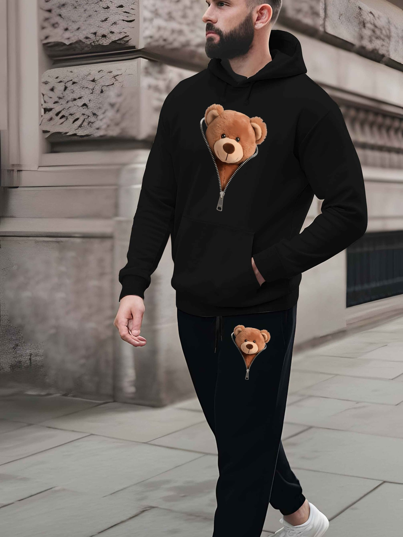 durable fabric] men's teddy bear zip hoodie jogger set Temu