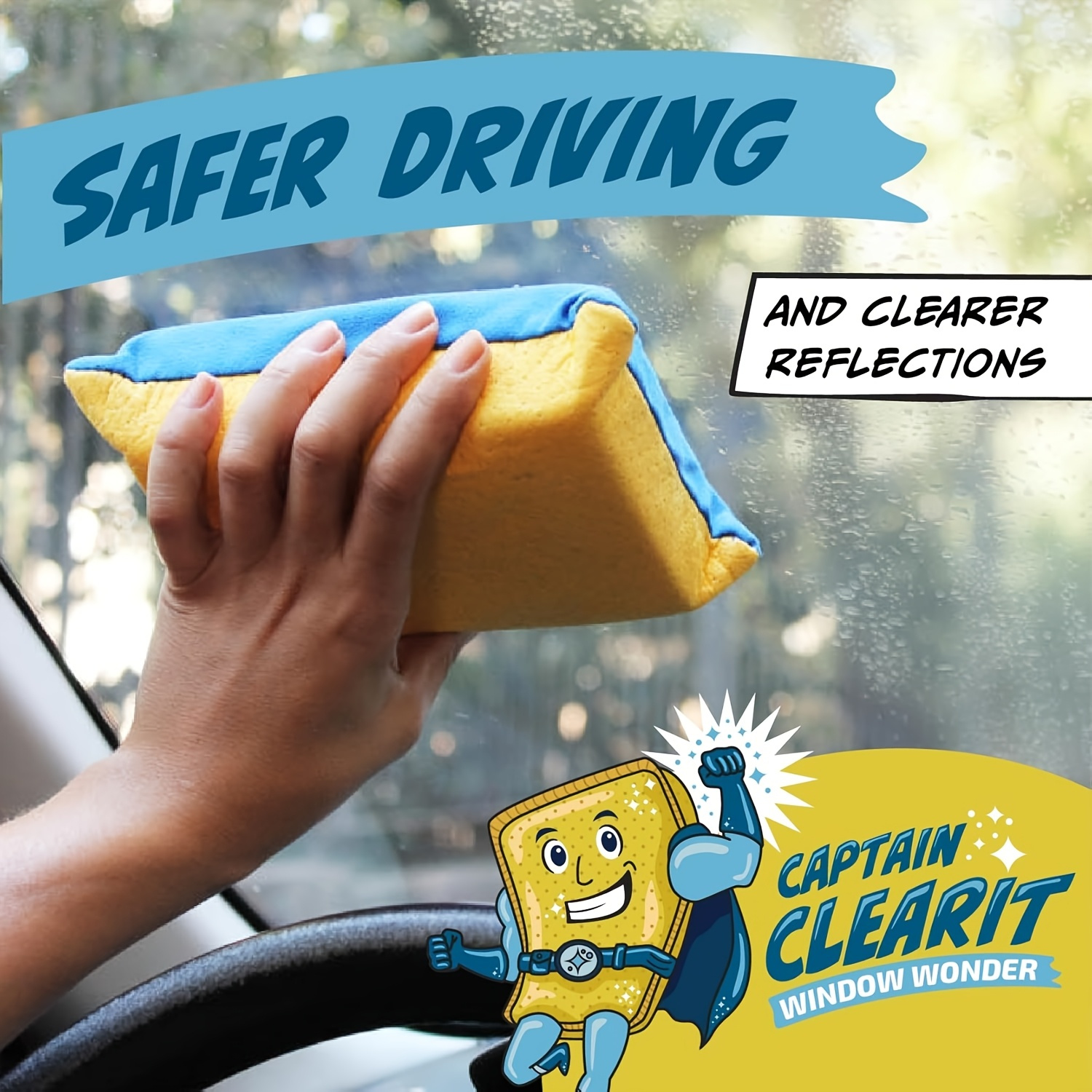 captain clear window   large super absorbent anti fog sponge suitable for cars mirrors glass etc   easy to clean indoor and outdoor universal cleaning tool optimistic design polyester material