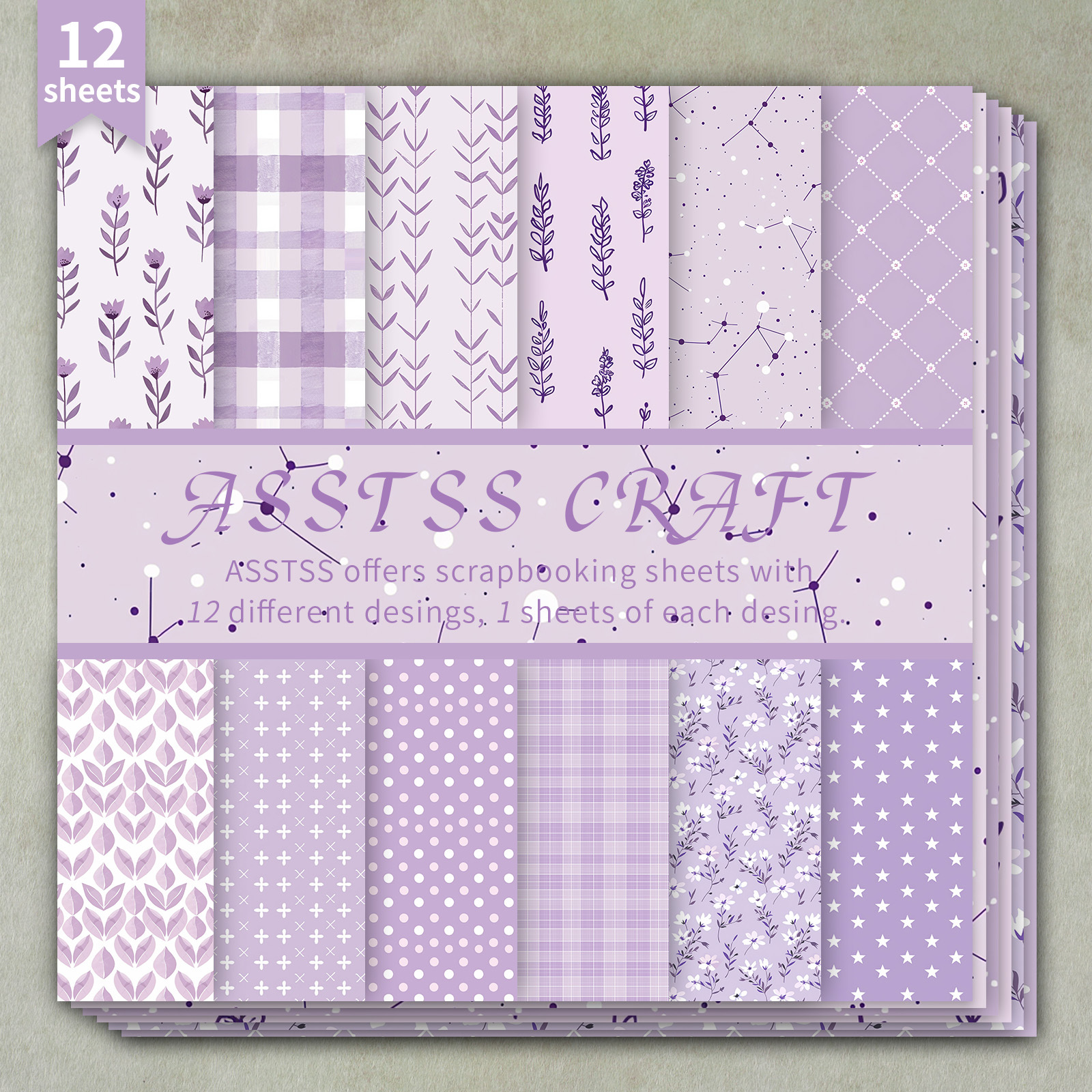 TEMU 12-sheet Asstss Heavyweight Scrapbooking Paper Pad Suitable For Journaling, Collage Art & Cardmaking - Soft Purple Minimalist Floral & Geometric