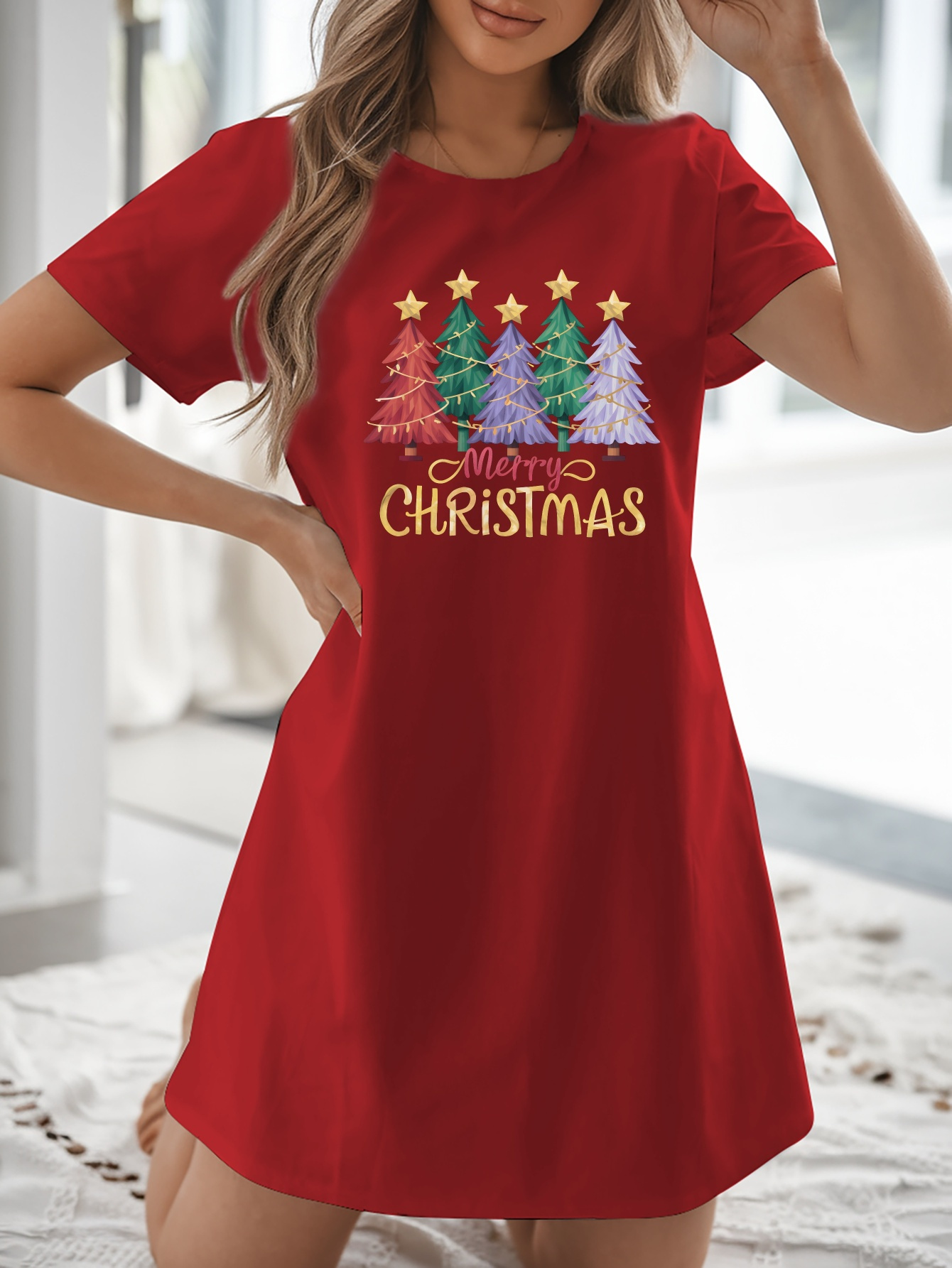 knee length dresses for ladies Plus Size Sequin Christmas Lights T-Shirt Dress