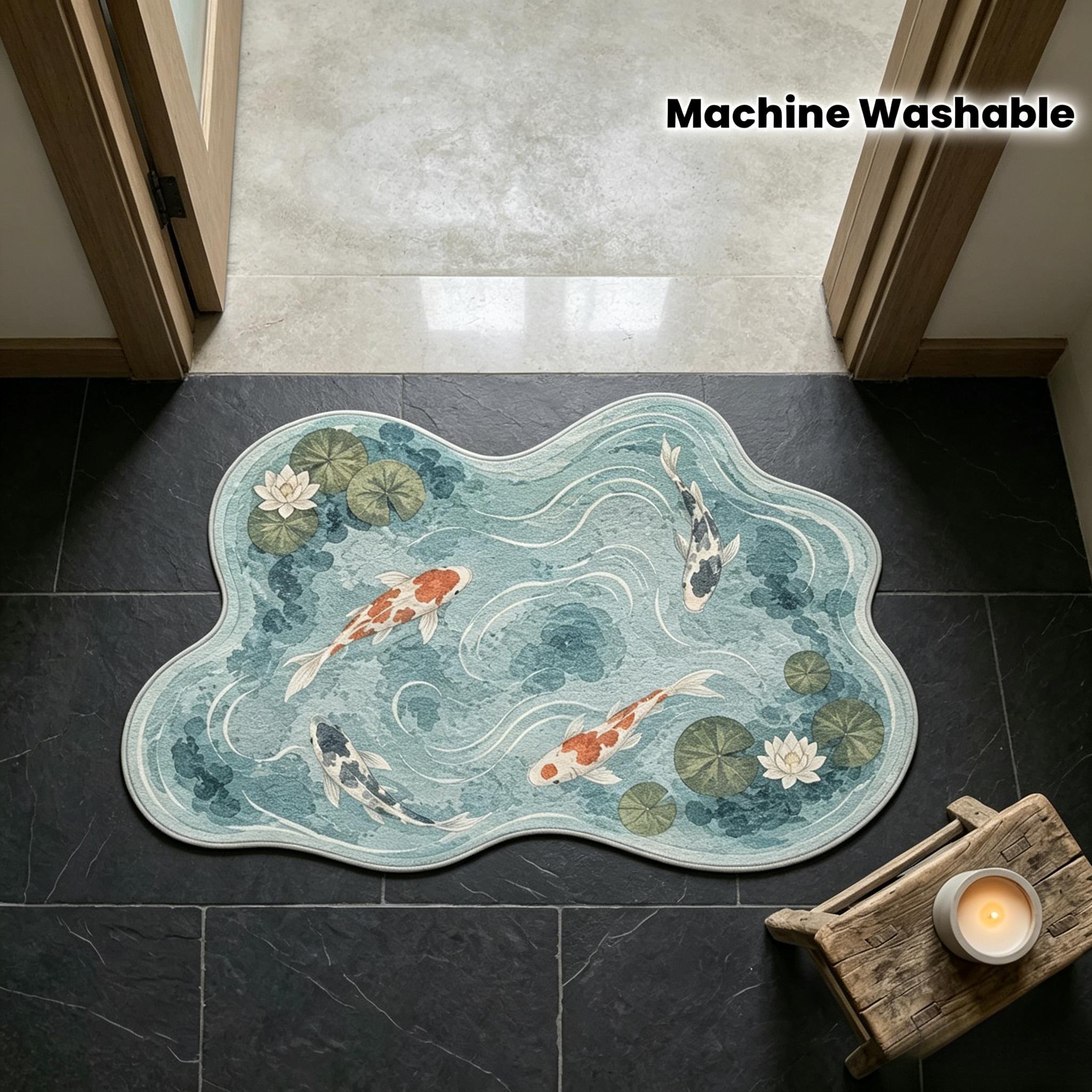 TEMU 1pc Fluffy Velvet Carpet, Aesthetic Water Lily And Koi Fish Pattern Carpet, Washable Non-slip Mat, Suitable For Bathrooms, Entrance , Bedrooms,