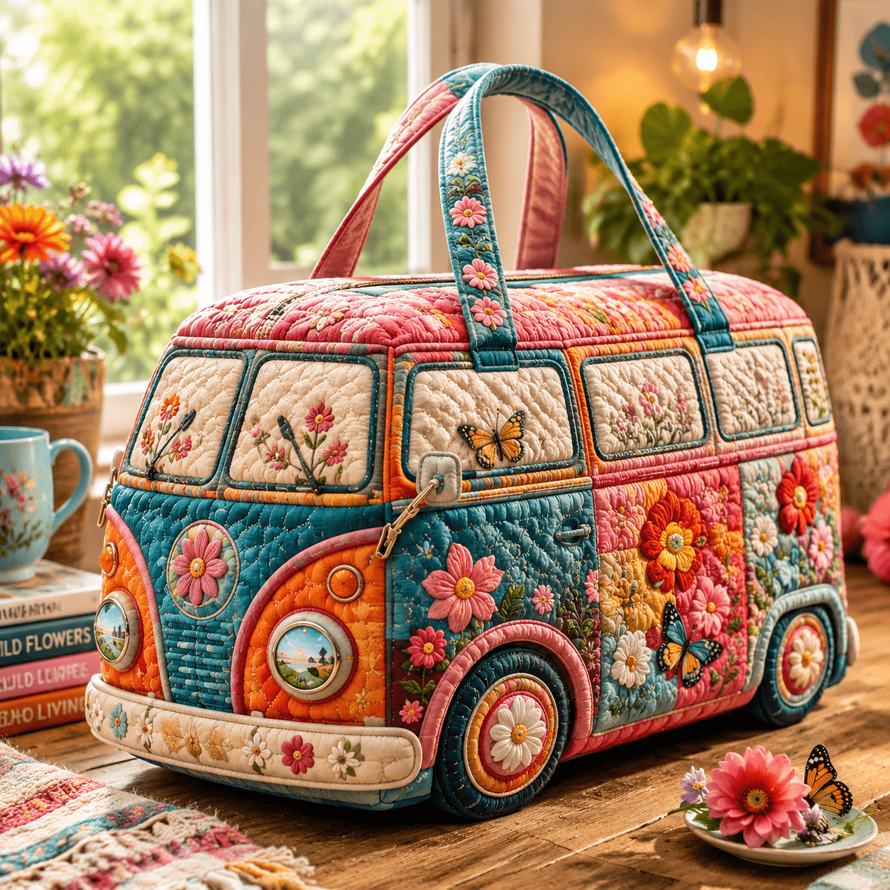 TEMU 1pc Women's Boho Quilted Travel Bag With Van & Bohemian Floral Print, Large Capacity Duffle Suitcase Suitable For Road Trips, Camping, Yoga,