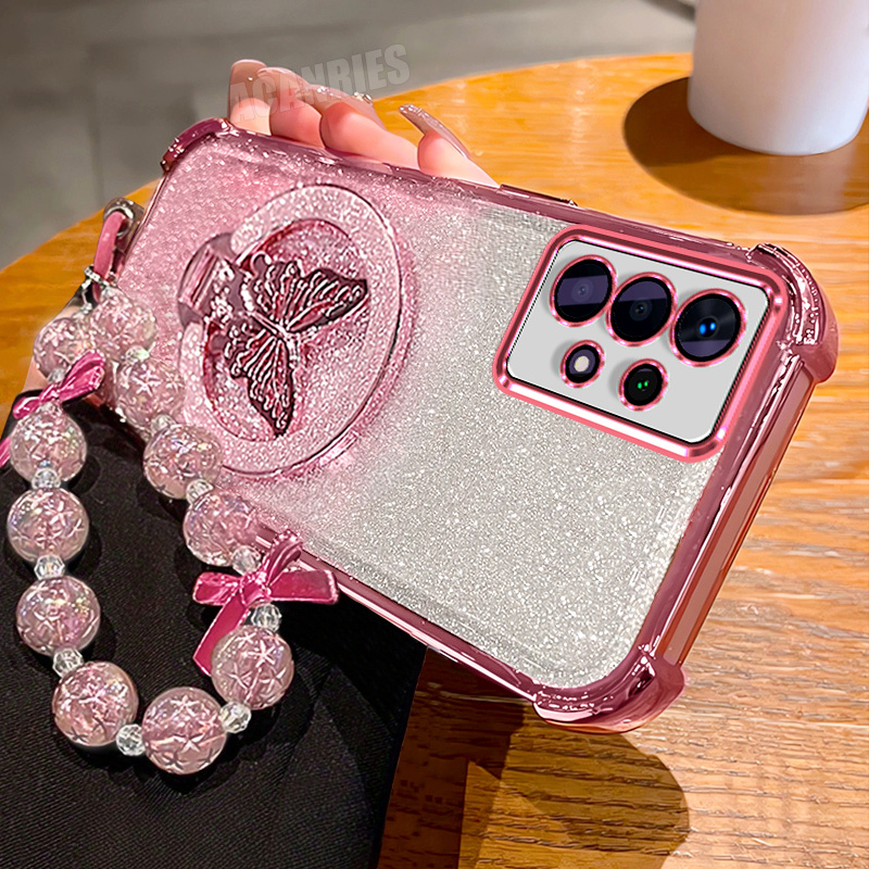 TEMU Phone Case - A 52 Luxury Glitter Bracket Folding Holder With Bead Lanyard Wrist Strap Chain And Gradient Plating Phone Case For For Galaxy A52