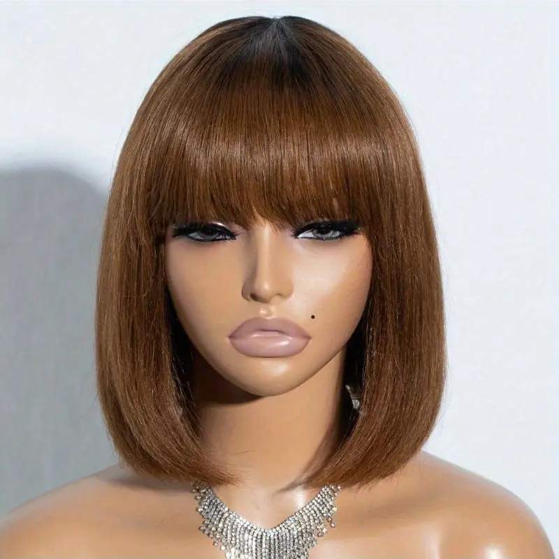 machine made rich chocolate brown straight human hair wig with bangs no lace no 100 human hair wig 200 density cap for women of all light beige tones easy to style natural look for everyday special occasions versatile hairpiece elegant hairpiece cap Product details 0