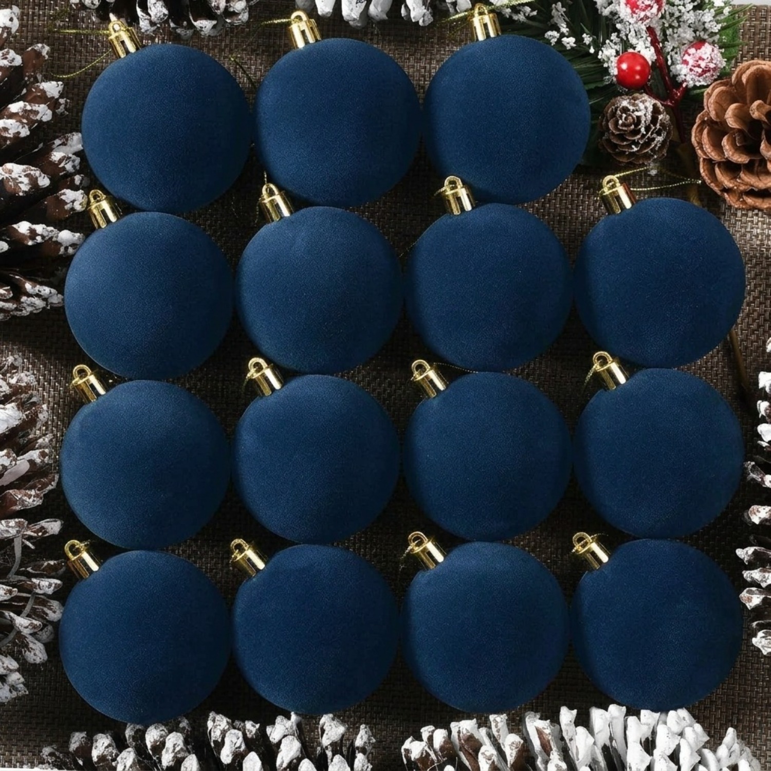 TEMU 18pcs Dark Blue Flocked Christmas Ball Ornaments - Shatterproof Suitable For Christmas Tree Decorations, Luxury Baubles With Hanging Hooks,