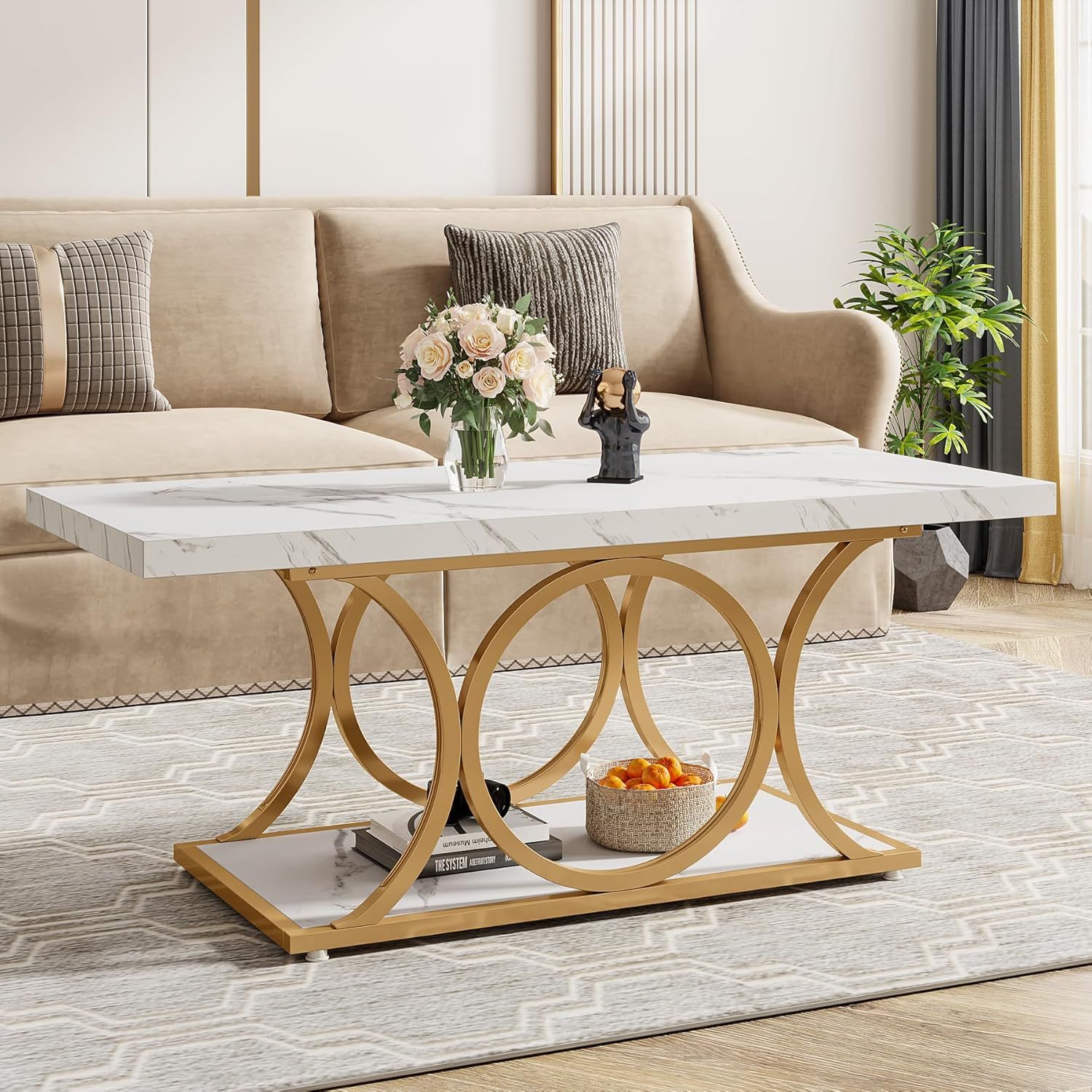 Byblight Rectangle Coffee Table, 47.24-inch Modern Coffee Tables For Living Room, 2-tier Marble Wood Coffee Table With Geometric Legs, Furniture With Storage Shelf, Ladder Racks