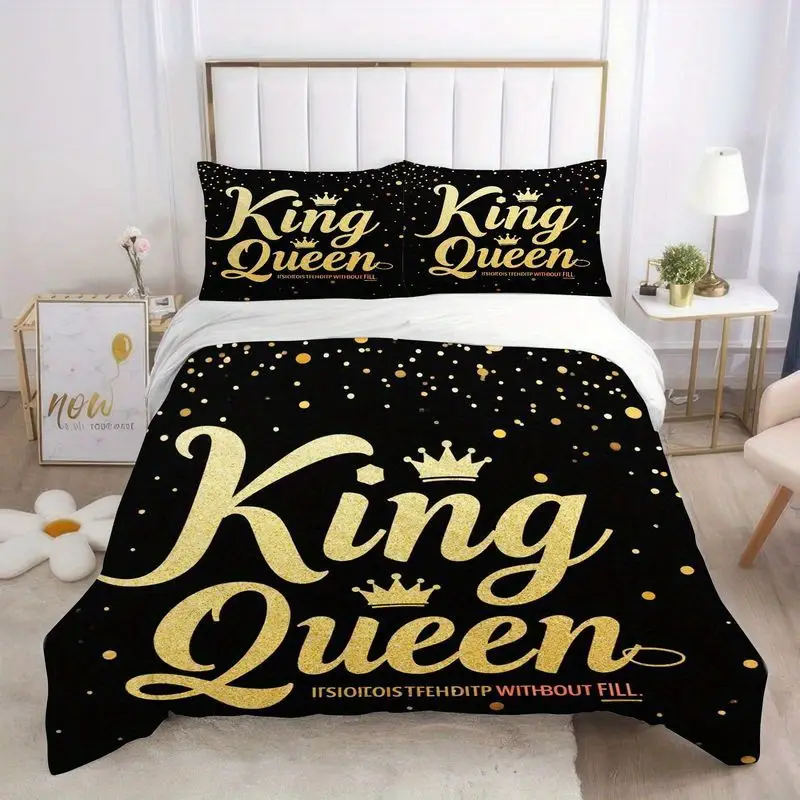 3pcs luxury king queen golden letter print duvet , modern romantic black theme bedroom decor, soft polyester fabric for master 1 duvet +2 pillowcases, queen size bedding set, king size sets, queen bed comforter set, set, durable fabric, bedding, pillowcase set, couples gift, home decor lovers Product details 7