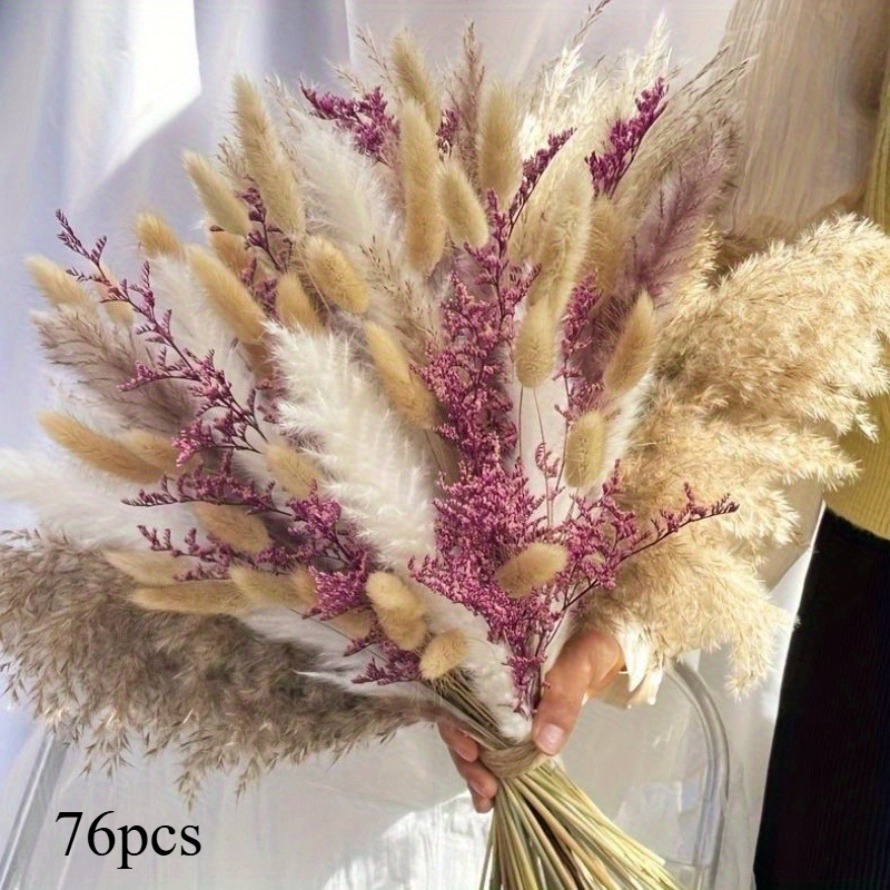 76pcs Natural Dried Pampas Grass Decor, Boho Wedding Pampas Grass Bunny Tails Dried Plants Farmhouse Decoration