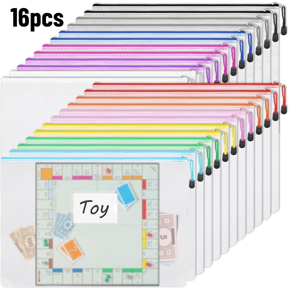 TEMU 16/24pcs Bolsas de con cremallera de malla A3 aleatorios - Bolsas de almacenamiento transparentes con etiquetas para juegos de mesa,