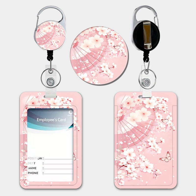 TEMU Sakura Fan Print Personalized Card Holder With Buckle Retractable Lanyard And Keychain Durable Plastic Card Holder Suitable For Various Id