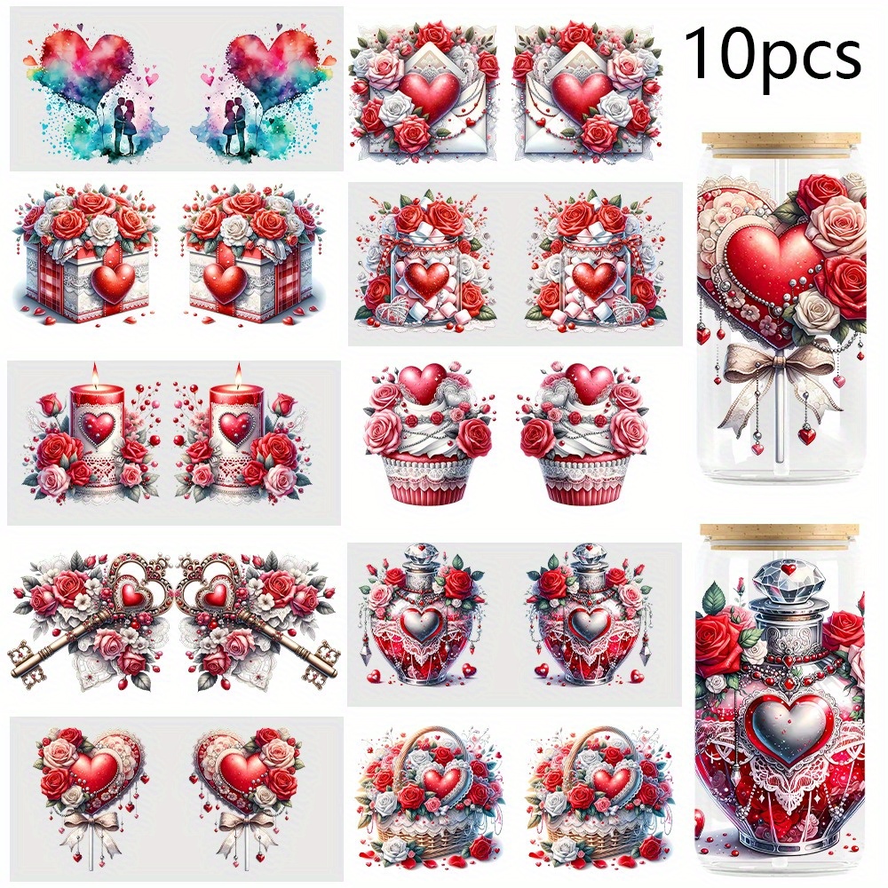 

10pcs Valentine's Day Theme Uv Dtf Stickers, Self-adhesive Waterproof, -resistant 3d For 16oz Glasses, Coffee Mugs, Bottles. Love, Roses, Gifts, Keys, Diy Crafts