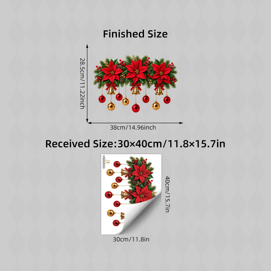TEMU Christmas Poinsettia Bell Bauble Wall Stickers, Cone Berry Garland Pattern, Elegant Xmas Decor For Front Door, Cabinet, Refrigerator, Living