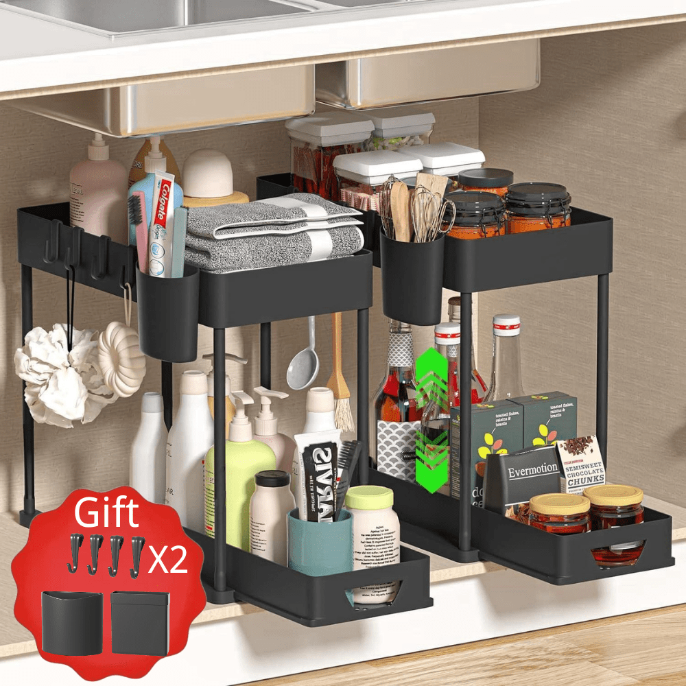 TEMU Étagère de Rangement de Cuisine, Étagère de Rangement Coulissante à 2 Niveaux, Livrée avec 2 Boîtes Suspendues et 4 Crochets, Rangement sous