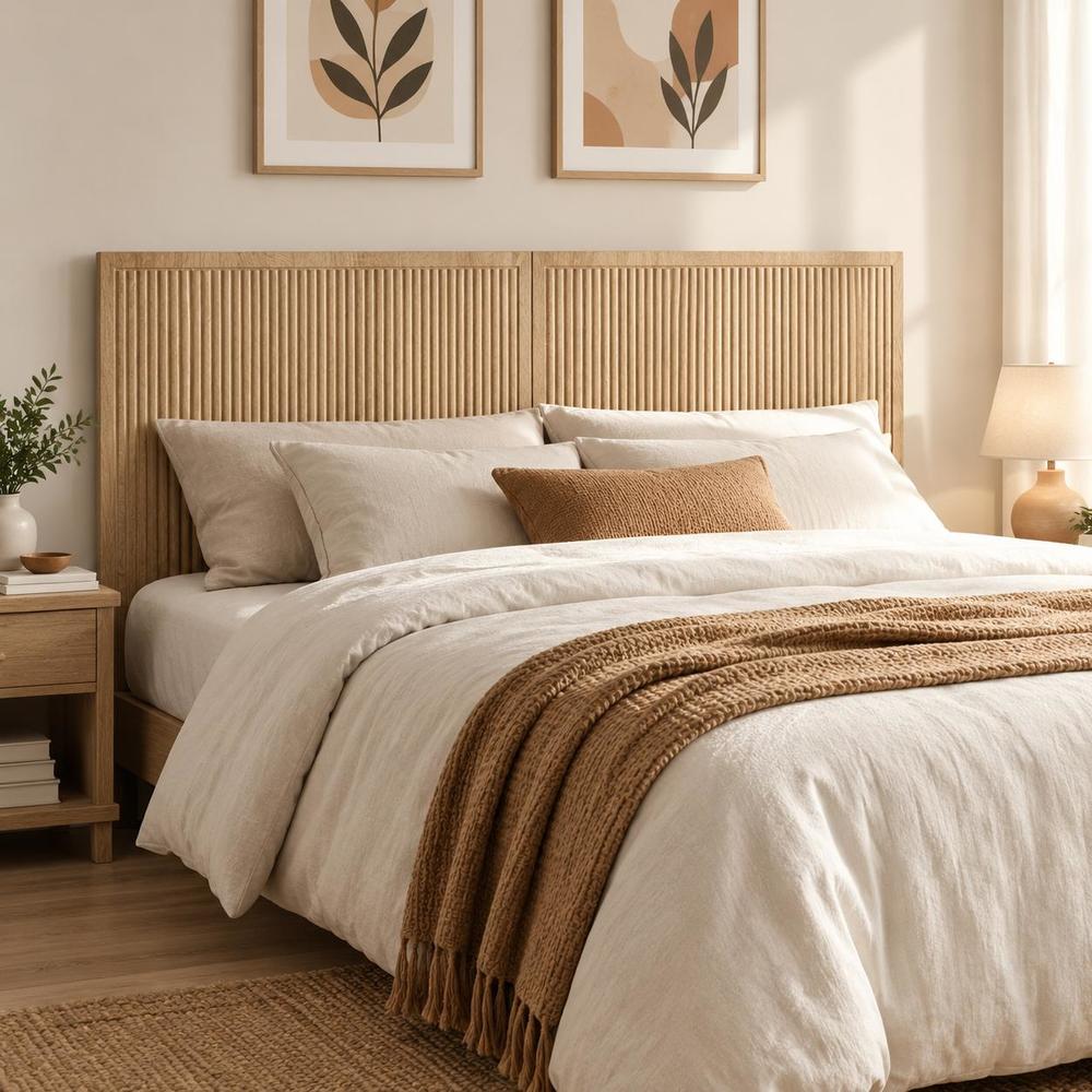 Image of Modern Wall Mounted Headboard With Storage Shelf Oak Veneer Wood Panel For Bedroom Space Saving Design