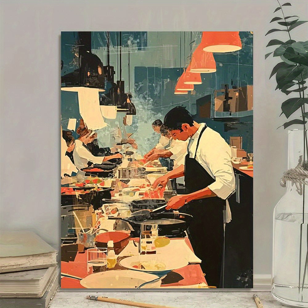 TEMU 2d Flat, 1pc Modern Culinary - Chef Cooking Kitchen Painting Suitable For Home & Restaurant Decor, Wrapped Canvas Frame With Wood Frame Suitable