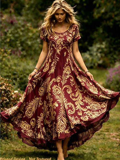 purple black gradient purple rose printed short sleeved dress round neck loose fit retro bohemian and elegant suitable for daily wear with a and
