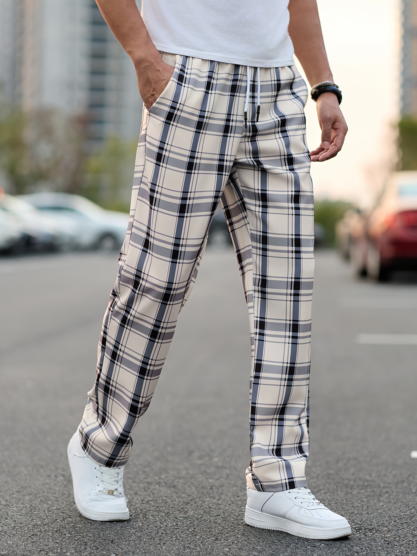 Plaid Pants Athletic Stretch Dress Pants Athletic Fit Stretch Suit Pants  Light Grey Plaid