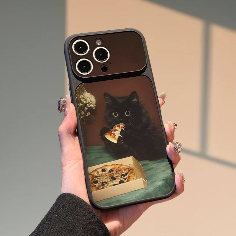 TEMU Phone Case: Whimsical Black Cat Eating Pizza Pattern Uv Printed Phone Case Suitable For 17promax 17pro 17 16promax 16 15 14 13 12 11 Series