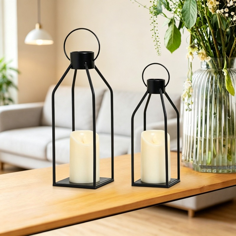 TEMU Black Metal Candle Lantern Set Of 2 For Home Indoor And Outdoor Christmas Decoration