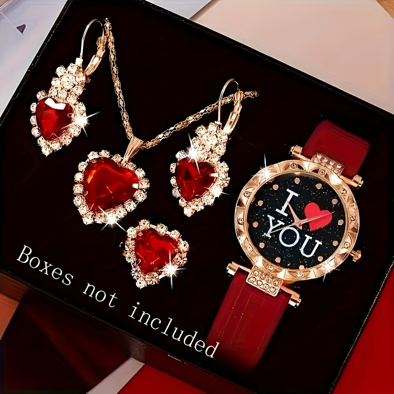 5pcs Fashion Women's Watch And Jewelry Set, Red Faux Leather Strap Quartz Watch With Red Heart Necklace, Earrings And Ring - Elegant Gift For Birthdays, Valentine's Day (boxes Not Included)