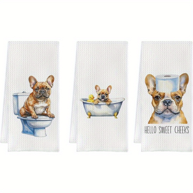 

3-pack Modern French Bulldog Kitchen Towels, 18x26 Inch, Super Soft Polyester, Machine Washable, Themed, Woven Oblong Towels For Dog Lovers, Reusable Gift Idea