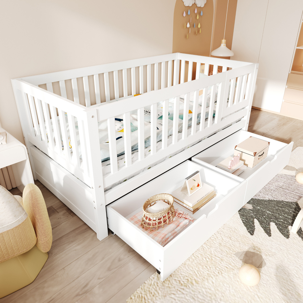 Convertible Bed with Storage Drawers, 3-In-1 Solid Wood Kids Daybed with Removable Guardrails, Compatible with Standard US Mattresses, White