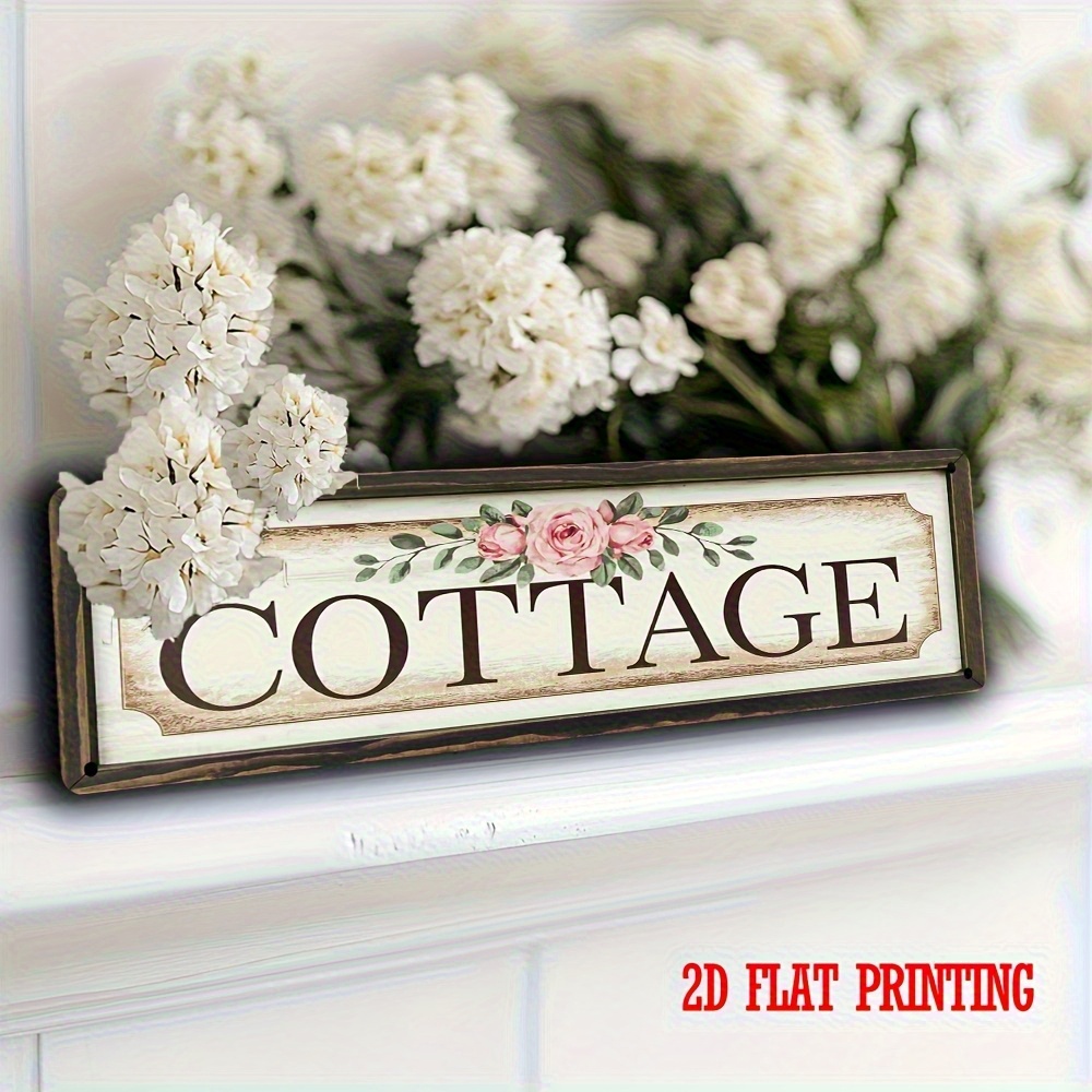 TEMU 2d Flat, 2d Flat 1pc 4*16inch Aluminum Metal Tin Sign Vintage Country Style Wall Art, Lace And Rose Pattern, White Background, Distressed Effect