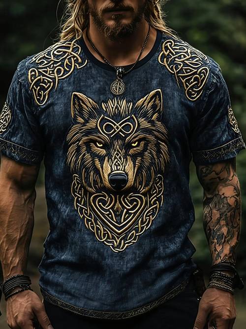 printed design not textured mens casual short sleeve t shirt featuring a viking style wolf head graphic with a vintage distressed look made from breathable fabric suitable for and cultural apparel