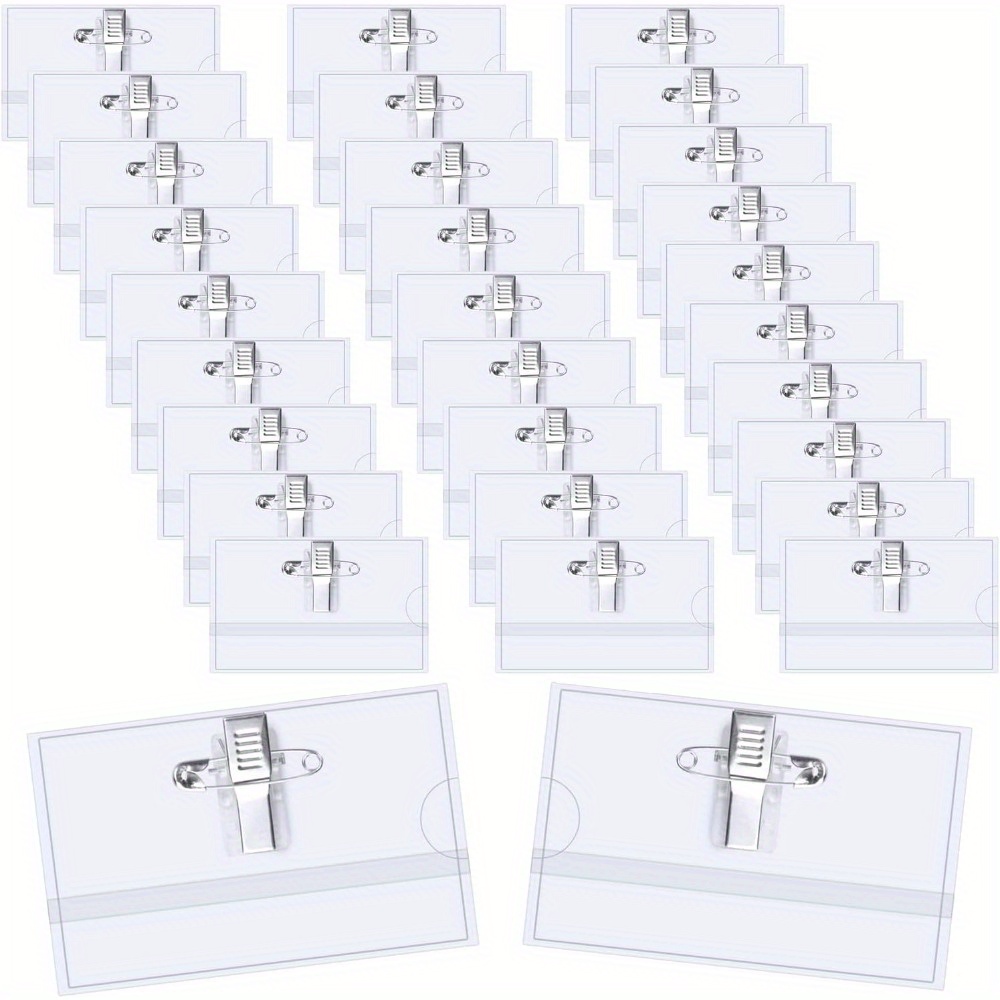 30pcs clear pvc name tag holders with pins hooks reusable write on identification badges for schools businesses and conferences school id holders clear nameplate holders durable pvc  