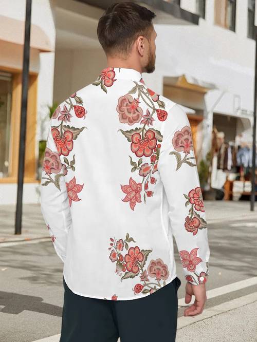 chemise décontractée à manches longues pour hommes, motif floral rétro rouge- , base blanche , pour les réunions festives, et shabiller en toute occasion, tissu en polyester lavable en machine, chemise à imprimé boutonnée