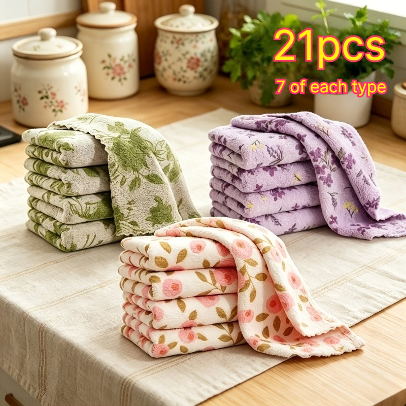 TEMU 21pcs Serviettes de nettoyage en molleton de multicolore, chiffons doux super absorbants à séchage rapide, serviettes réutilisables polyvalentes