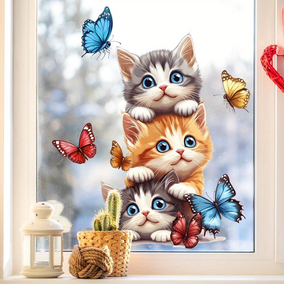 3 Interesting And Cute Stacked Cat Window Stickers, Static Electricity Stickers, Bedroom, Living Room And Home Window And Decoration Stickers