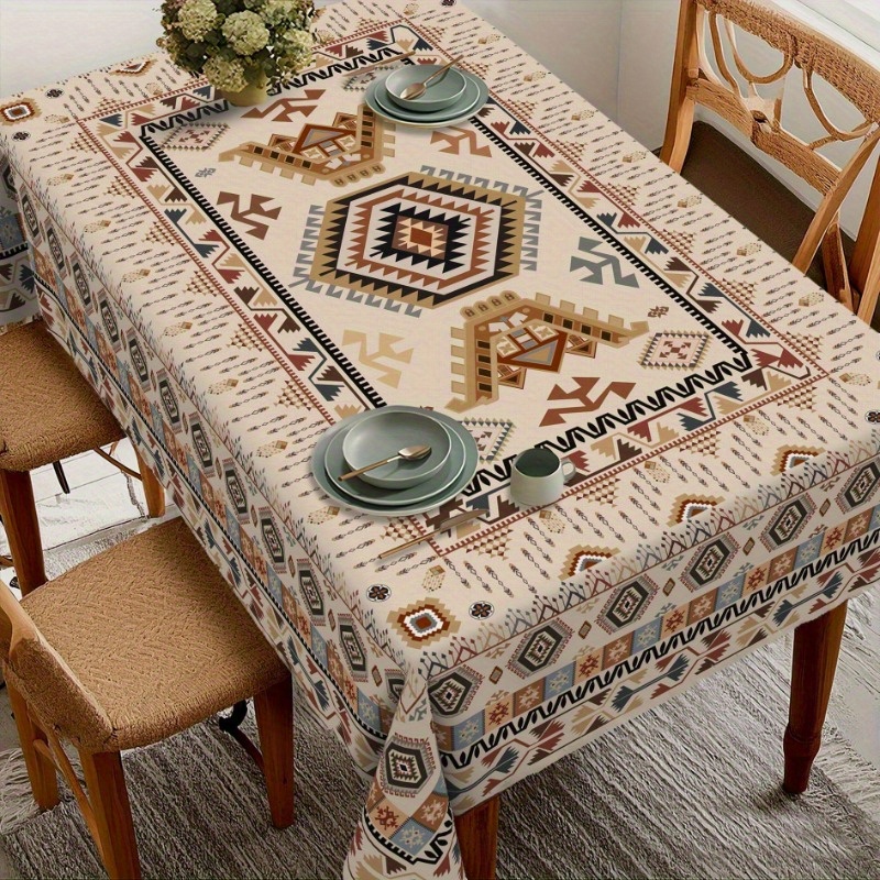 TEMU 2d Printed 59x59in/150x150cm Vintage Bohemian Tablecloth - Geometric Ethnic African Design, Durable Rectangular Table Cover, Suitable For