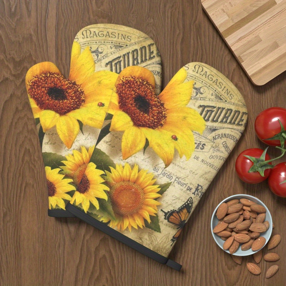 TEMU 2pcs 10.6*6.7 Inch Heat Resistant Kitchen Oven Gloves Sunflower Yellow Oven Mitts Suitable For Kitchen Decoration, Barbecue, Microwave, Cooking,