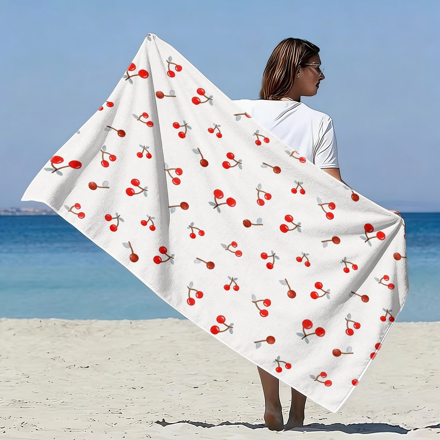 TEMU 1pc Cherry Print Microfiber Bath Towel Suitable For Beach, Pool, Bath - Quick- Absorbent Soft Towel With Cherry, Suitable For Seaside Vacations,