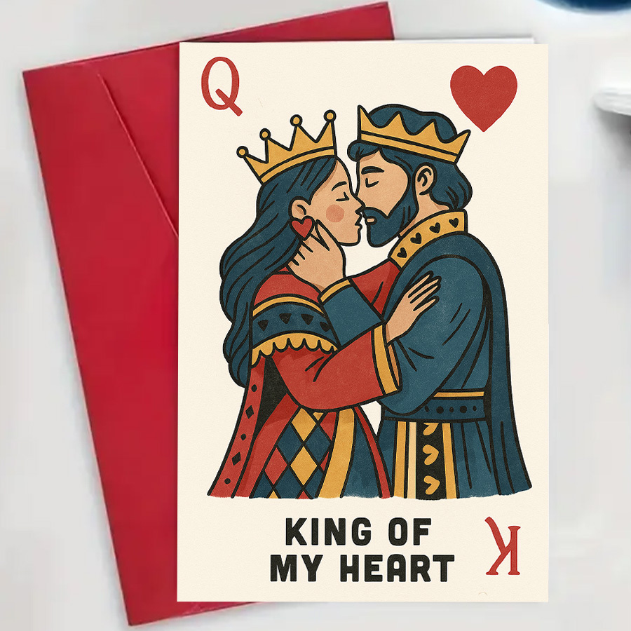 E-shop Eine romantische Einzelgrußkarte mit einem Herz-König und einer Herz-Königin, ideal für Jahrestage, Valentinstag oder jeden besonderen Anlass.