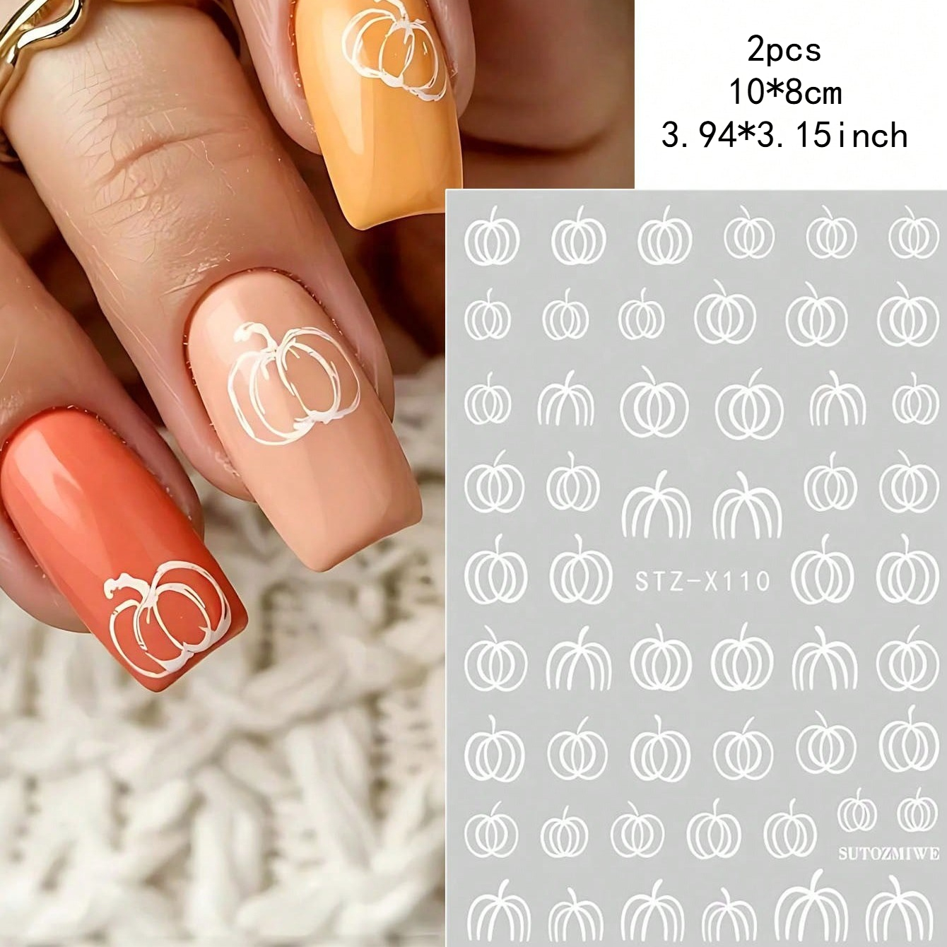 TEMU 2pcs Autumn Pumpkin Nail Stickers, Halloween White Line Pumpkin, Autumn Thanksgiving Cute Fruit & Vegetable Nail Sliders, Trick Or Treat Holiday