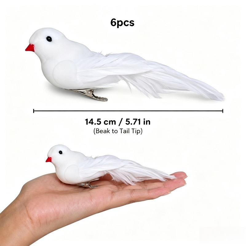 TEMU Set van 6/12 kunstmatige witte duivenversieringen, 14,5 cm lange staartveren vogelornamenten voor kerstbomen, kransen, takken, bloemstukken,
