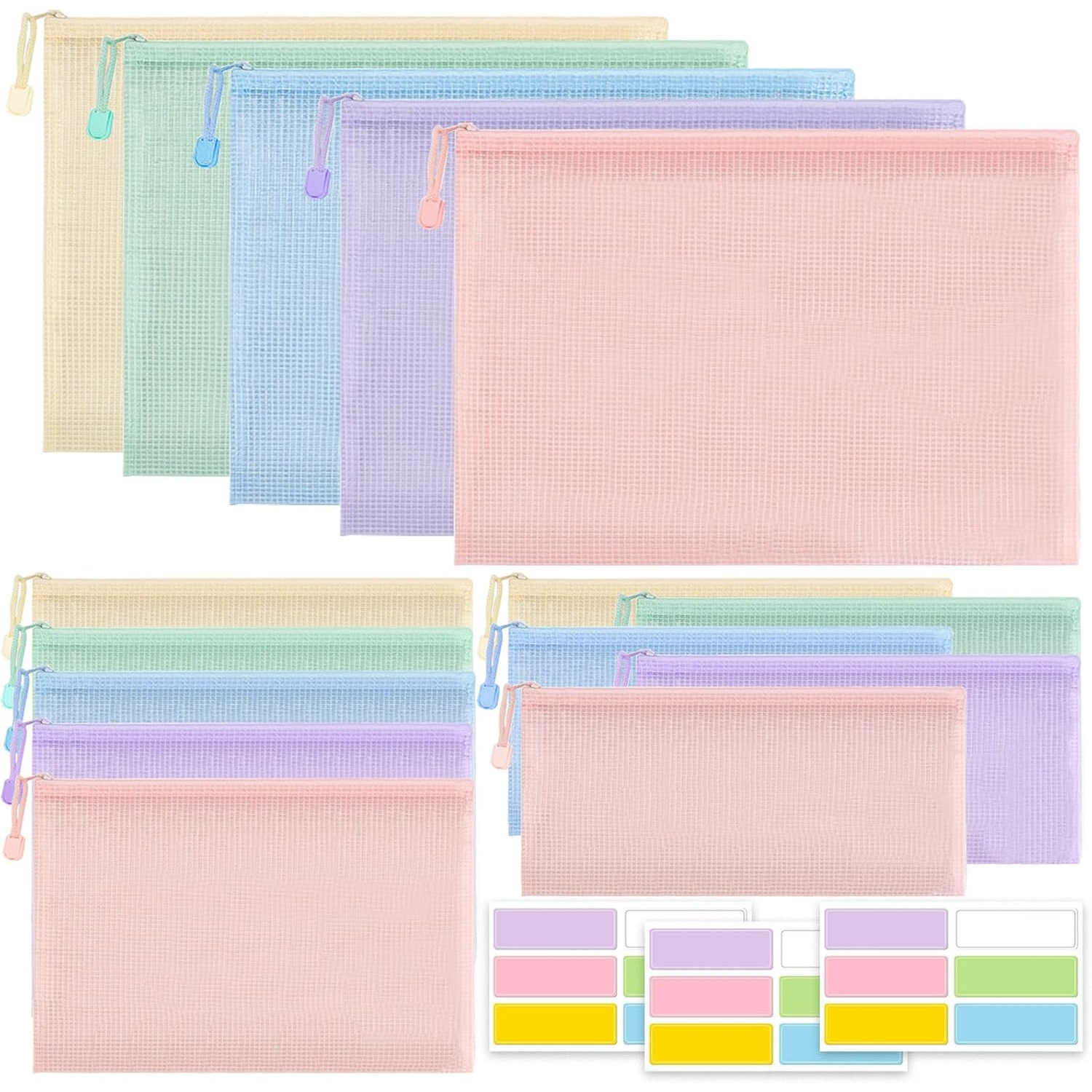 E-shop Set mit 15 Mesh-Zipper- für Dokumente in den Größen A4, A5 und A6, ideal zum Organisieren von Schul- und Bürobedarf, einschließlich Mäppchen