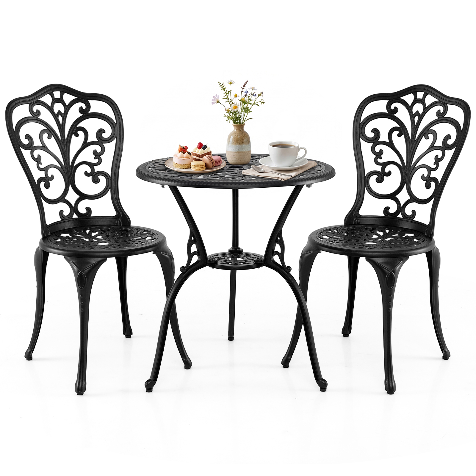 Image of 3pcs Set, All Weather Cast Aluminum Table And Chairs With Umbrella Hole And Backrests, Outdoor Conversation Furniture Set For Garden, Balcony And Backyard