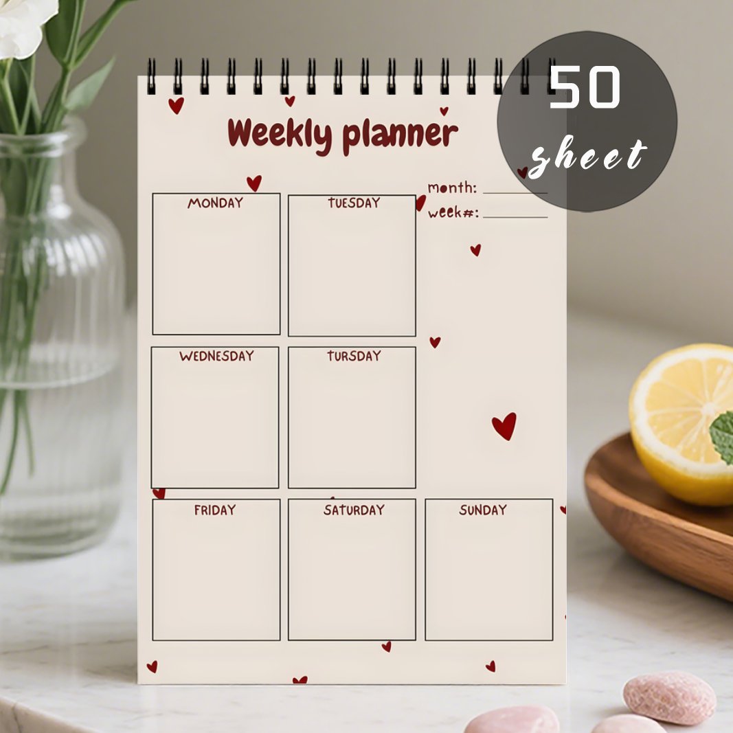 TEMU 1pc Spiral Daily Planner Notebook, To Do List Notepad With Red Hearts On Beige Background, Weekly List Organizer Agenda Pad For Work And Note