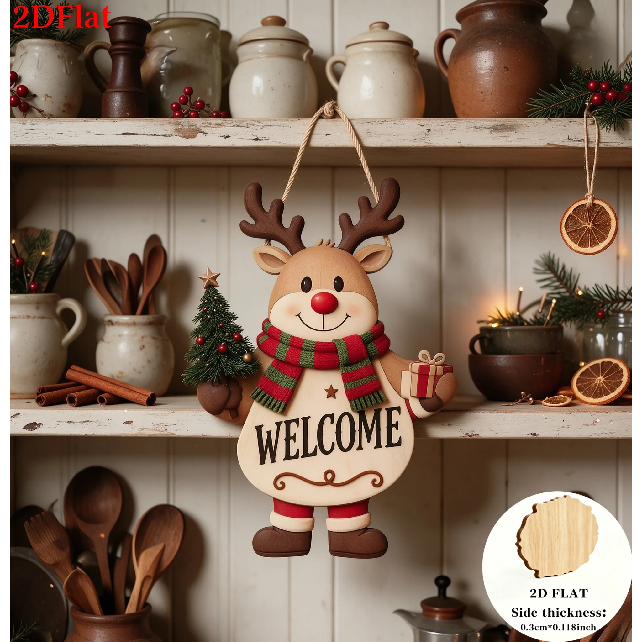 TEMU 2d Flat, 1pc Retro Christmas Reindeer Wooden Welcome Ornament, Cute Red- Reindeer Design, With Red And Green Knitted Striped Scarf, Holding Mini