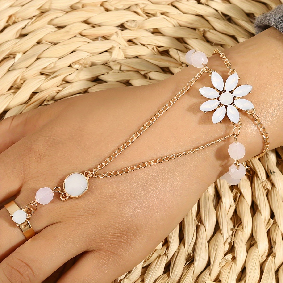 Pulseira Anel de Dedo de Flor Ajustável Joias de Mão  4