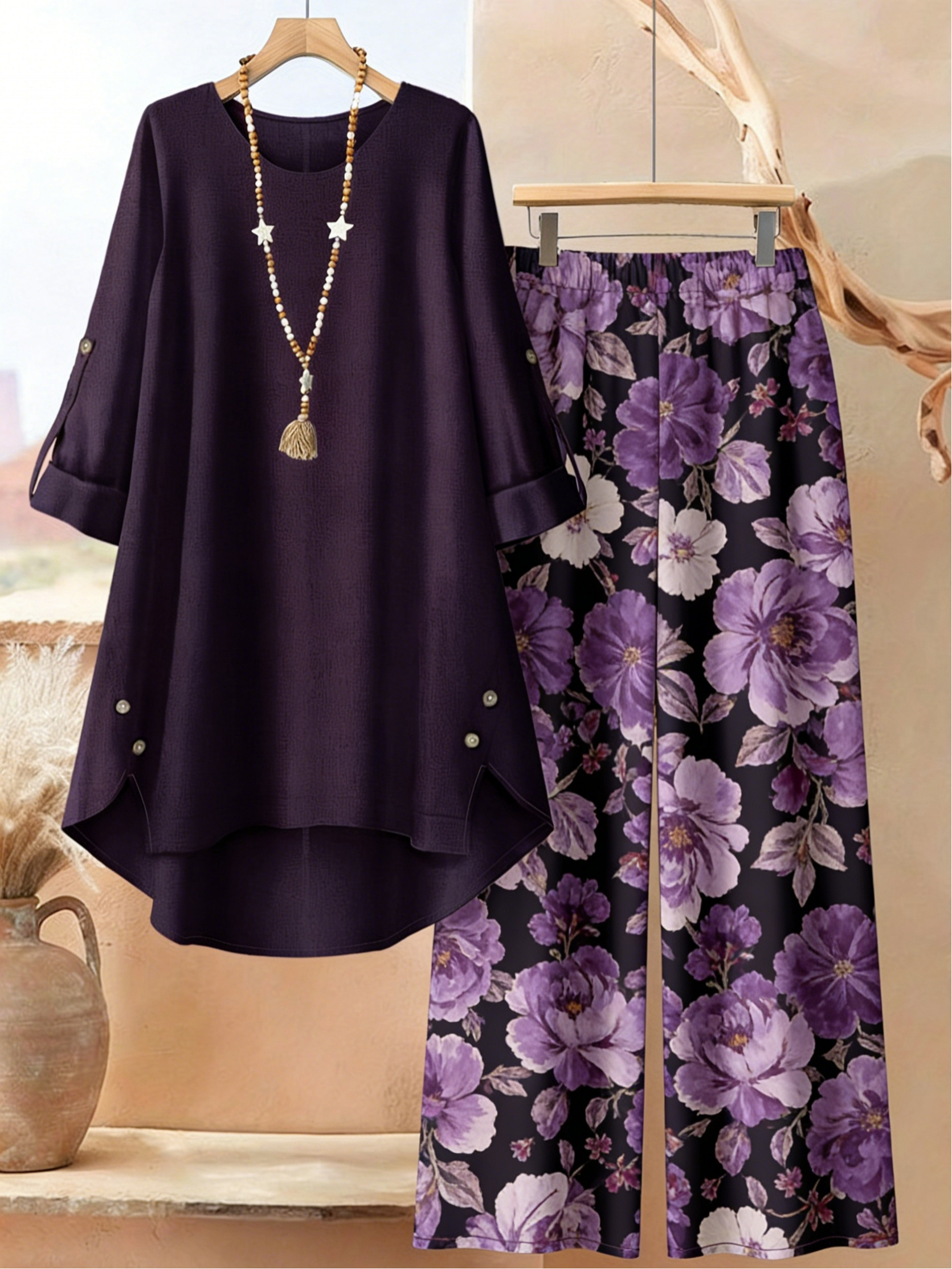 item picture plus size womens asymmetrical top and printed wide leg pants two piece set bohemian floral gradient print
