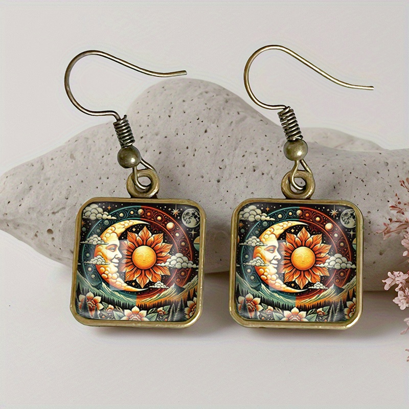 TEMU 1 Pair Whimsical Sun And Moon Square Earring Retro Glass Dangle Earrings Handmade Jewelry Gift