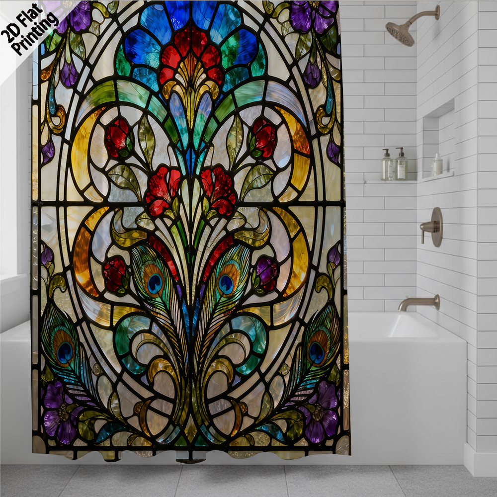 TEMU 2d Flat, 2d Flat Printing, 1pc Vibrant Elegant Stained Glass Shower Curtain - Colorful Floral And Bird Bathroom Curtain, Exquisite Artistic , 12
