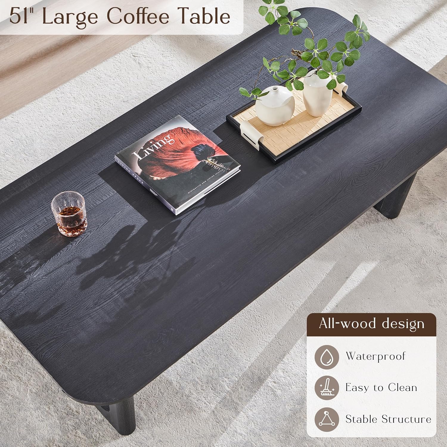JXQTLINGMU 51.2" Large Coffee Table - Modern U-Shaped Design