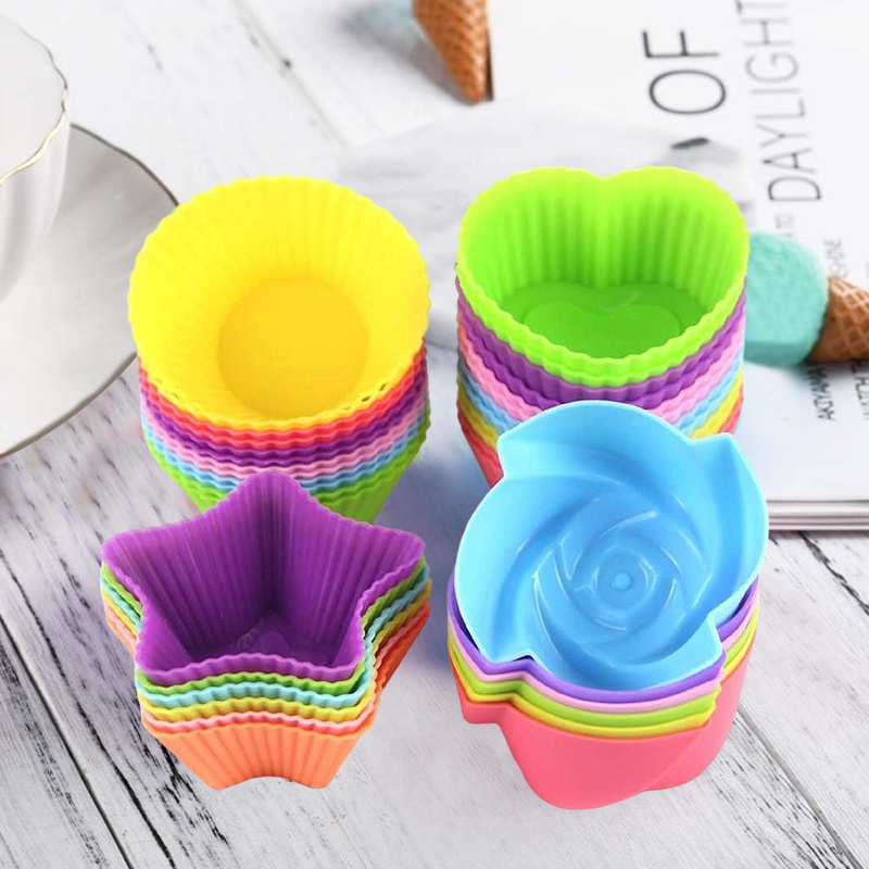 TEMU 24pcs Nonstick Silicone Baking Cups, Colorful Silicone Cupcake Liners, Easy Clean Pastry Muffin Molds 4 Shapes Round, Stars, Heart, Flowers,