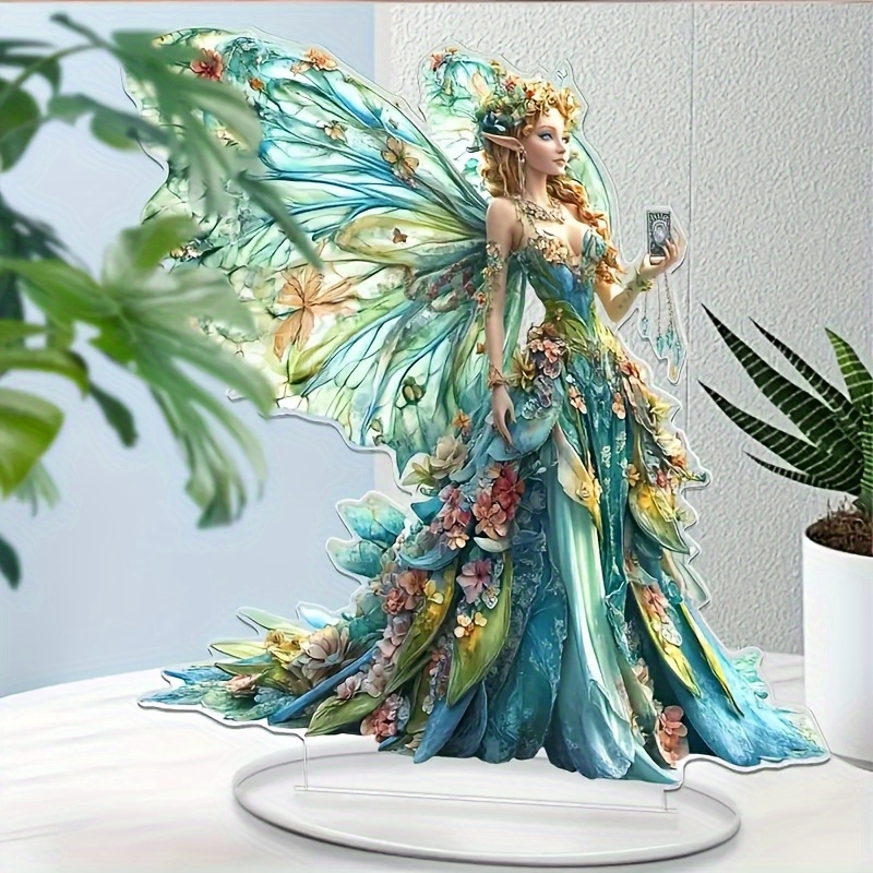 TEMU Statue de fée bohème et plate 2D avec – Décoration acrylique 2D, design floral vert et bleu pâle, parfait pour une sur table, cadeau idéal pour